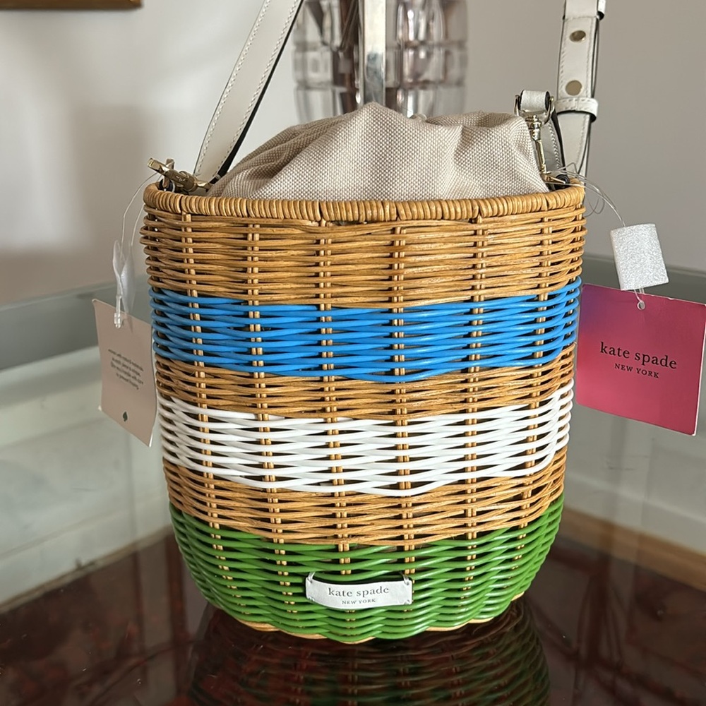 Kate Spade New York Wicker & Leather Bucket Bag Crossbody NWT